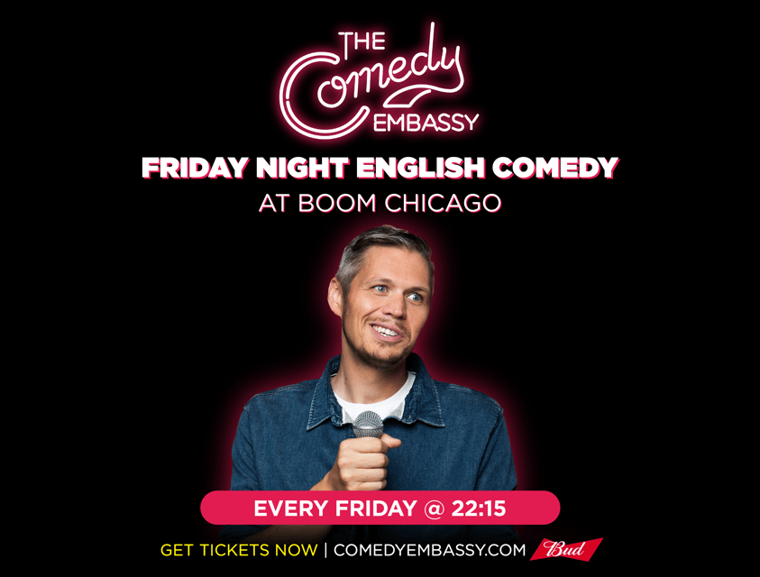 Amsterdam: The Comedy Embassy Stand-Up Show - Upstairs Theater setup, seats, and the bar routine